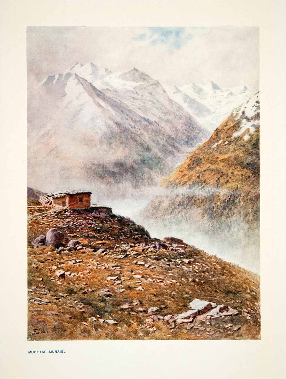 1907 Color Print Muottas Muragi Mountain Switzerland Landsacpe Swiss Alps XGPB6