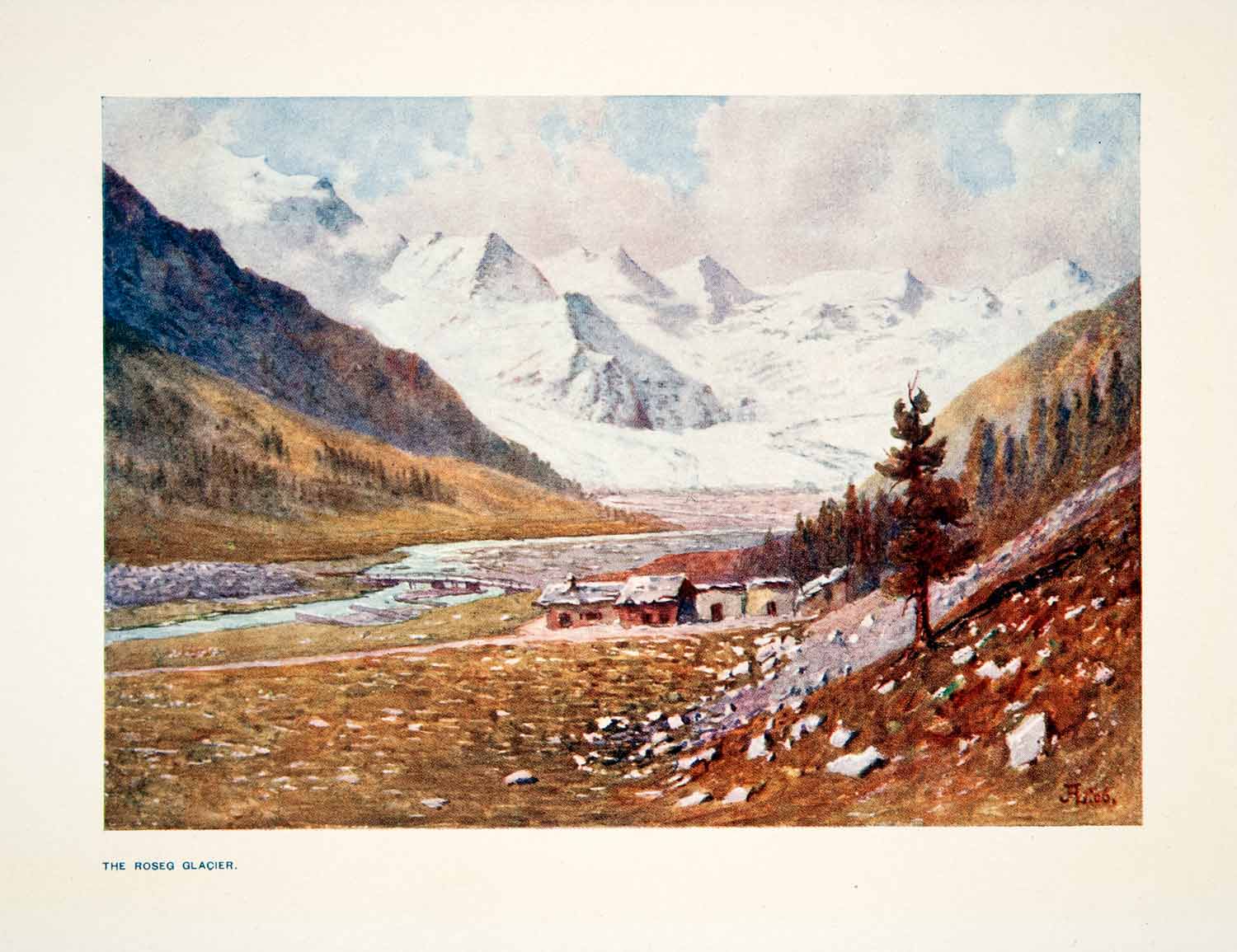 1907 Color Print Rosegg Glacier Mountains Switzerland Forest Valley River XGPB6