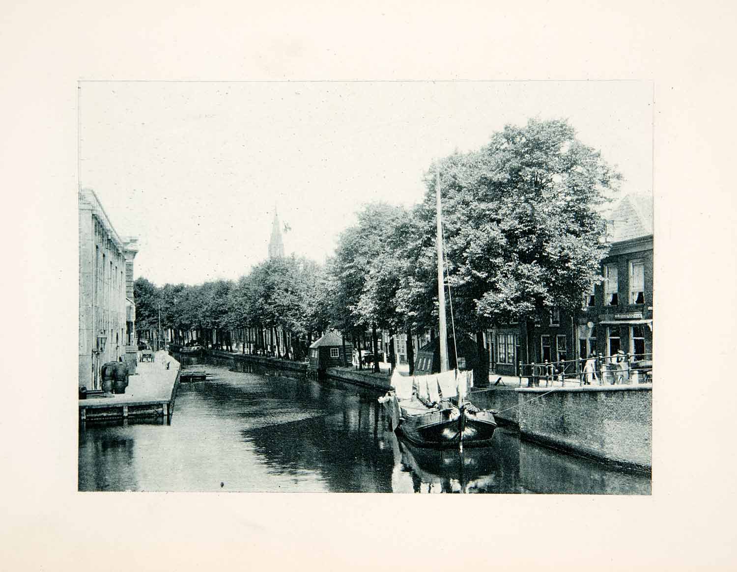 1904 Photogravure Delft Holland Canal Cityscape Sailboat Ship Historic XGPB7