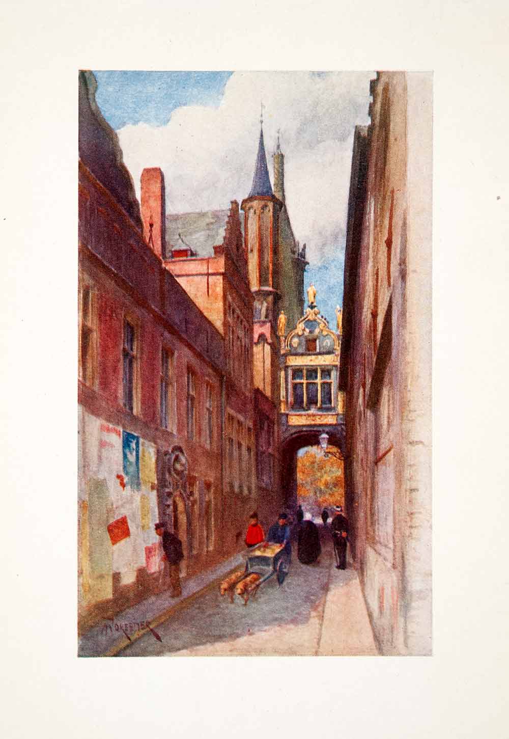 1906 Color Print Rue Ane Aveugle Bruges Belgium Street Palais Justice XGPB9
