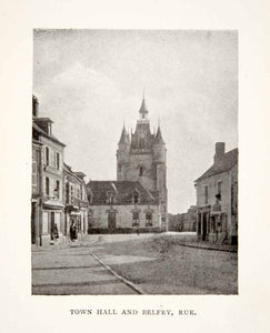 1918 Print Rue France Cityscape Town Hall Belfry Bell Tower Historical XGPC2