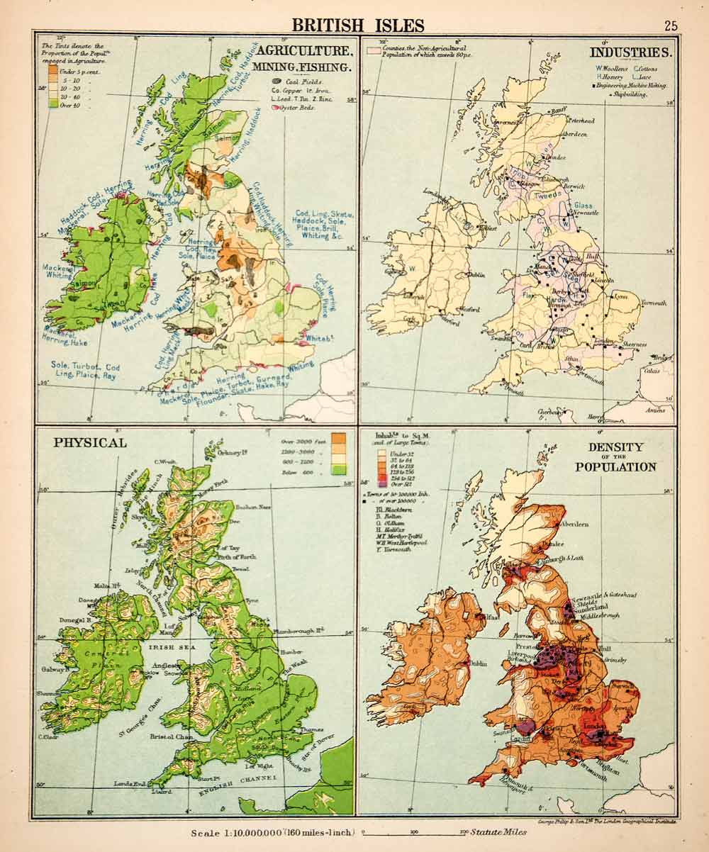 1913 Print Color Map British Isles Industry Population Density Physical XGPC3