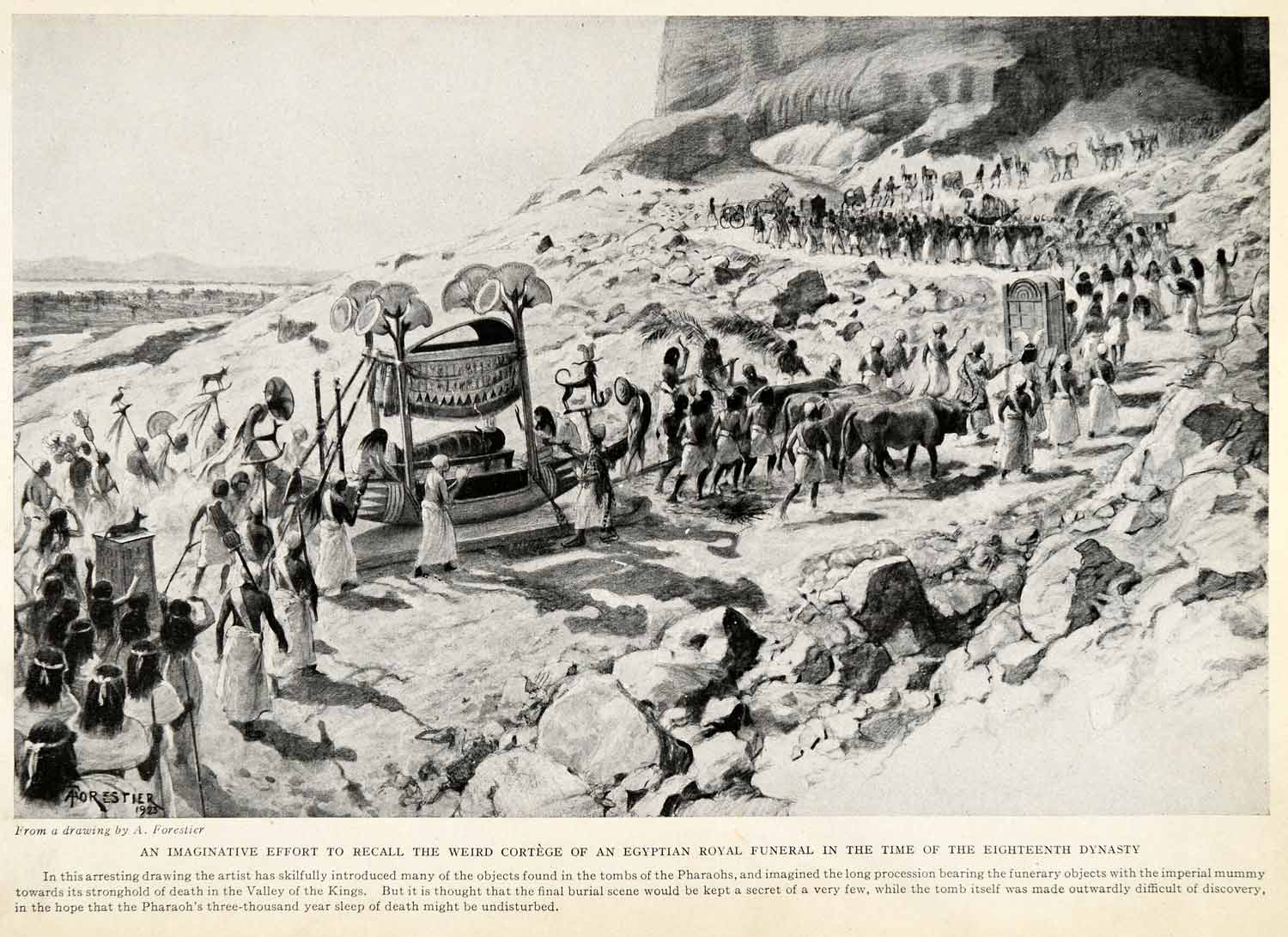 1923 Print Egyptians Funeral Royal Procession Valley of Kings Forestier XGQ3