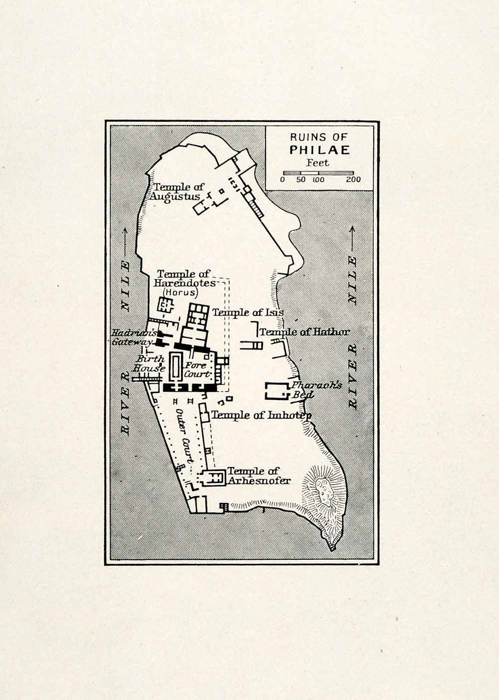1923 Print Map Ruin Philae Temple Egypt Arhesnofer Inhotep Isis Hathor XGQ3