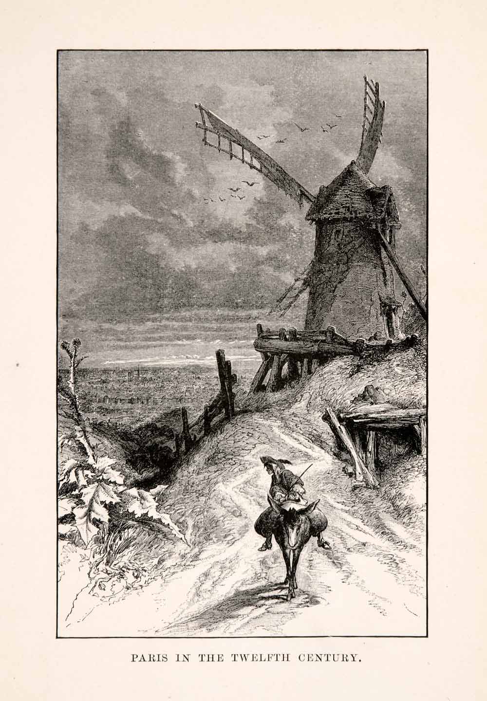 1902 Wood Engraving Windmill Paris France Twelfth Century Landscape XGQA3