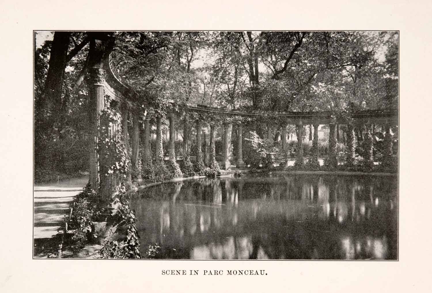 1902 Halftone Print Parc Monceau Architecture Paris France Pond Garden XGQA3
