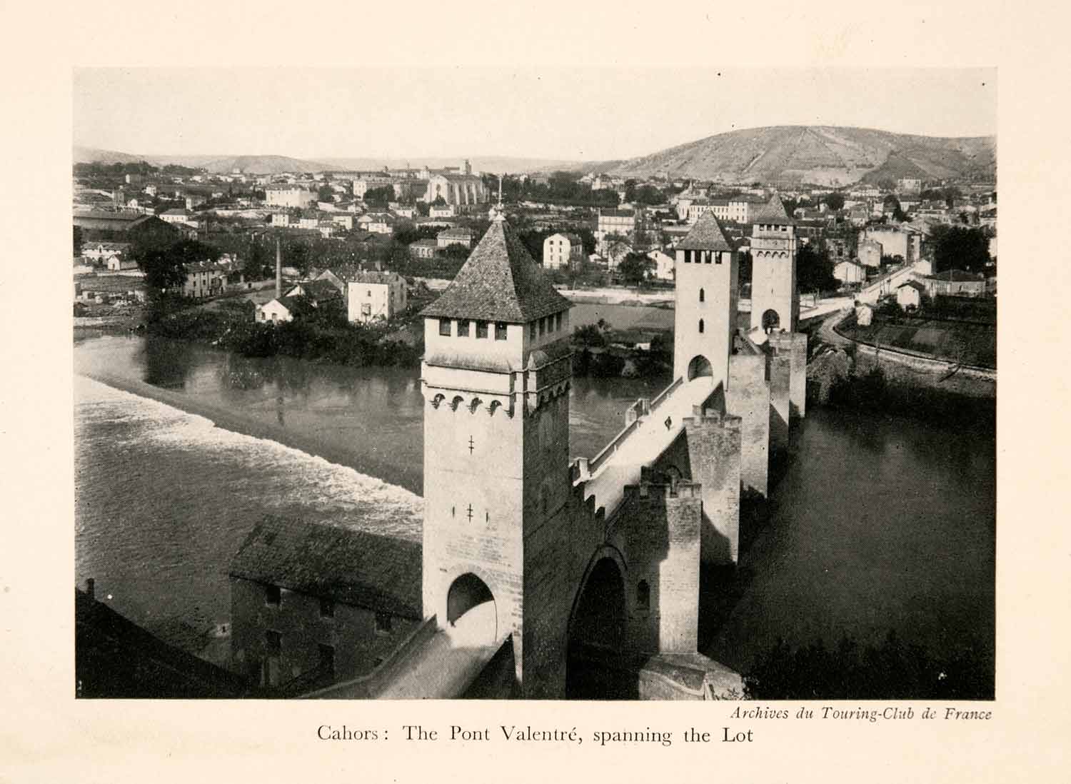 1929 Halftone Print Cahors France Valentre Lot River Bridge Gothic XGQA6