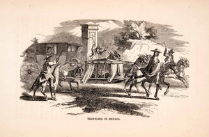 1856 Wood Engraving Art Mexico Horse Drawn Litter Vehicle Stagecoach XGQA7
