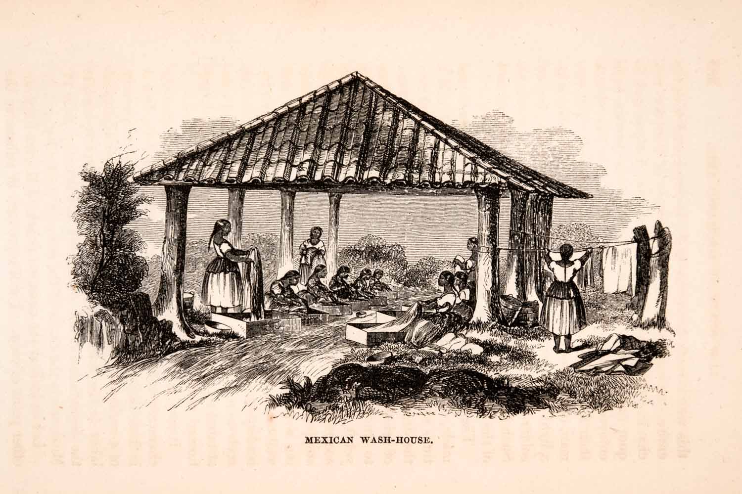 1856 Wood Engraving Mexico Mexican Spanish Laundresses Washing House XGQA7