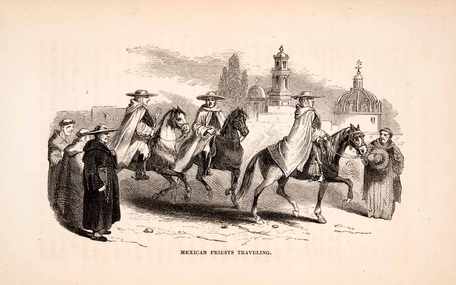 1856 Wood Engraving Mexico Mexican Spanish Religious Priests Traveling XGQA7
