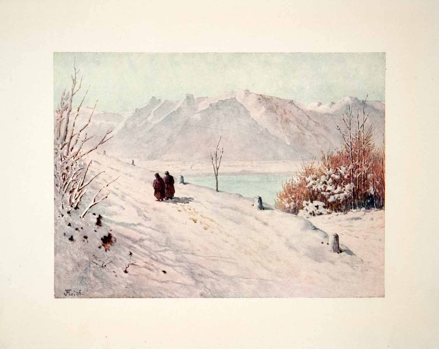 1908 Color Print Winter Landscape Savoy Alps Caux Switzerland J. H. Lewis XGQB1