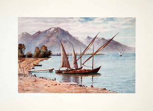 1908 Color Print Villeneuve Switzerland France Lake Landscape Sailboat XGQB1