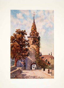 1908 Color Print La Tour de Peilz Switzerland Old Church Tower Gate J XGQB1