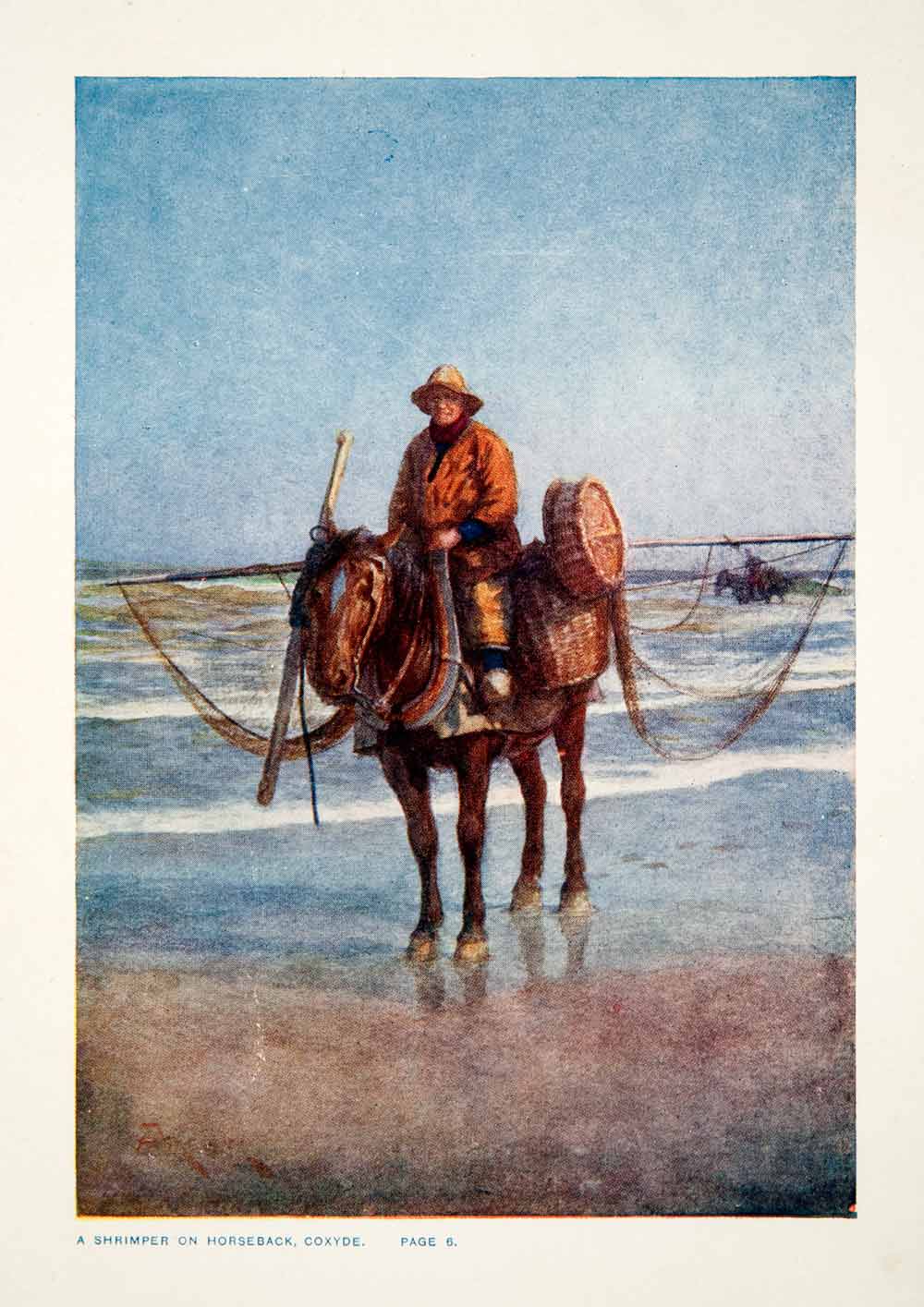 1915 Color Print Shrimper Horse Amedee Forestier North Sea Coxyde Belgium XGQB2