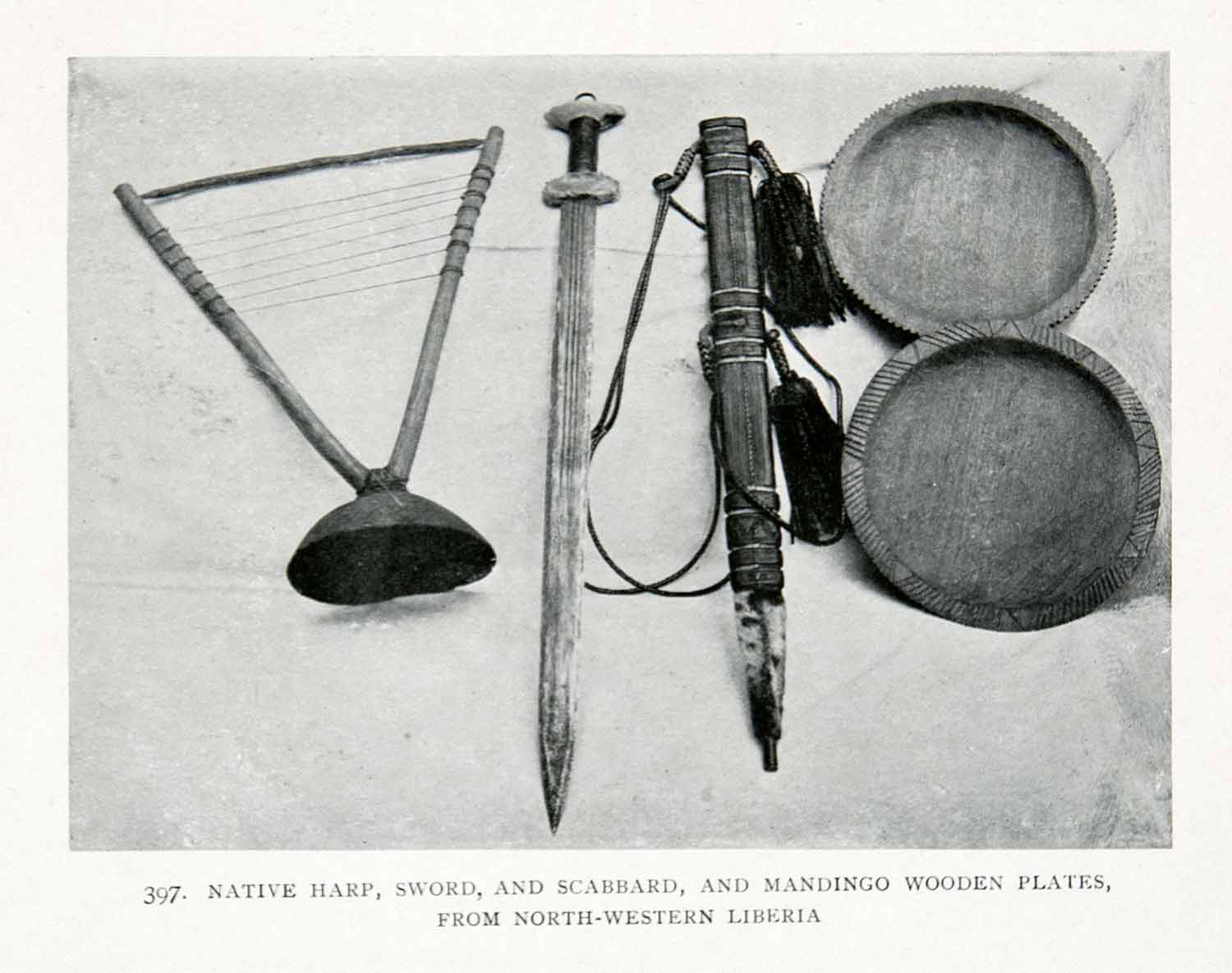 1906 Print Liberia Africa Mandingo Harp Sword Scabbard Plates Cultural XGQB5
