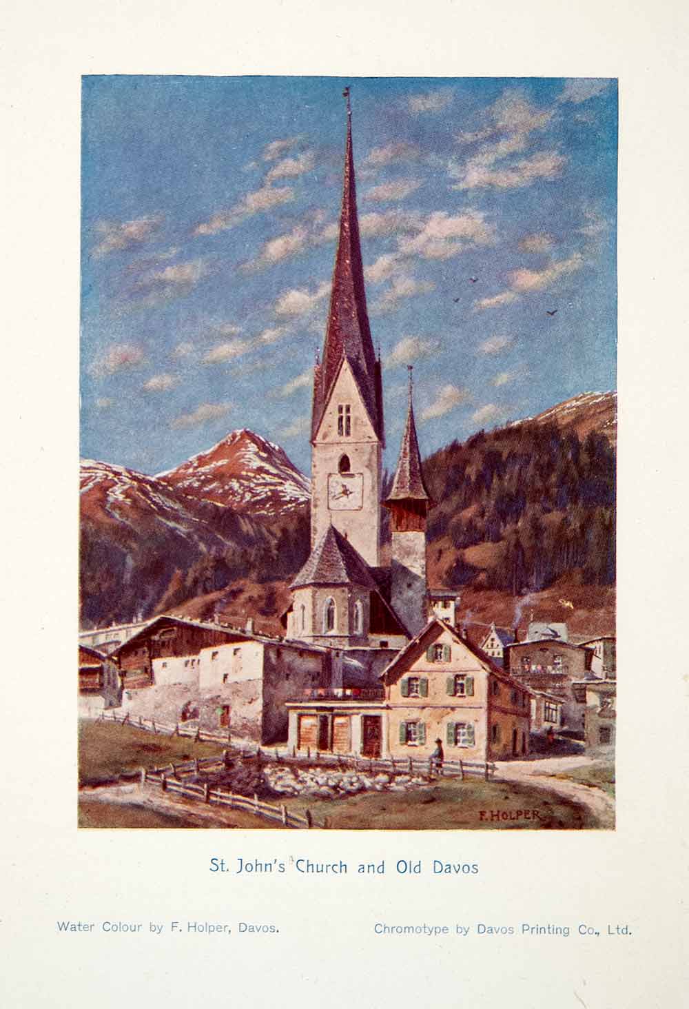 1907 Color Print Holper Davos Switzerland Graubunden Church Alps Mountains XGQB6