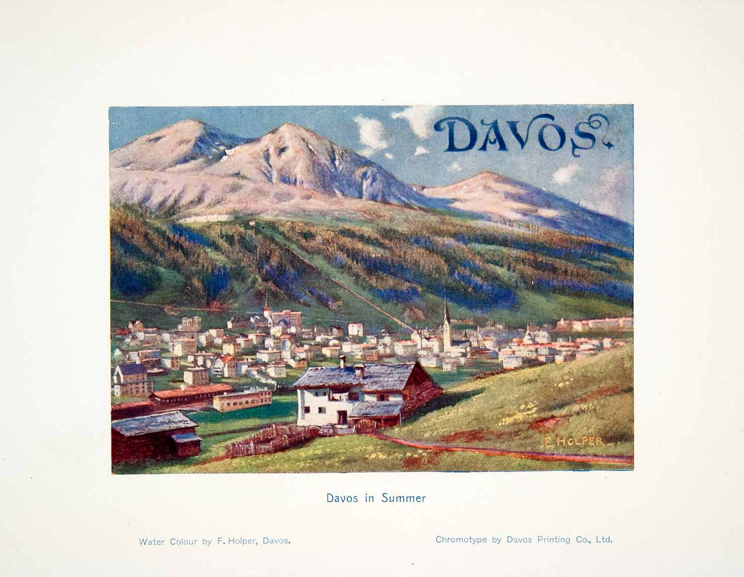 1907 Color Print Holper Davos Switzerland Alps Mountain Graubunden Church XGQB6