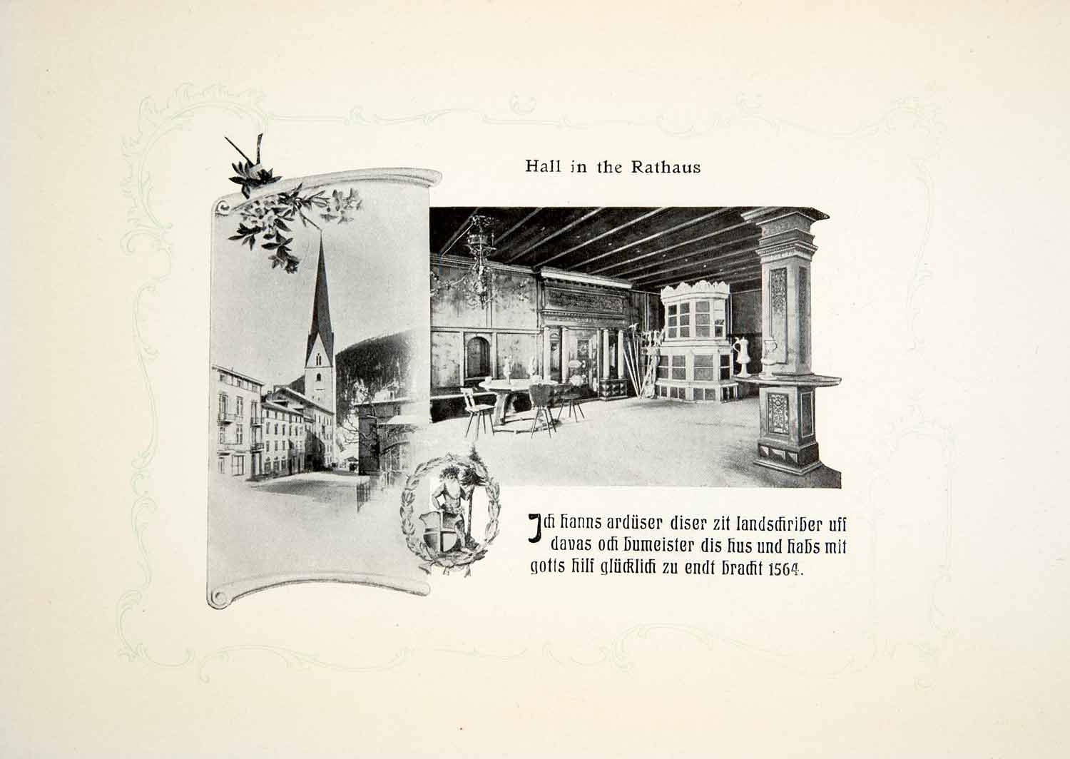 1907 Photolithograph Rathaus Hall Davos Switzerland Graubunden Alps XGQB6