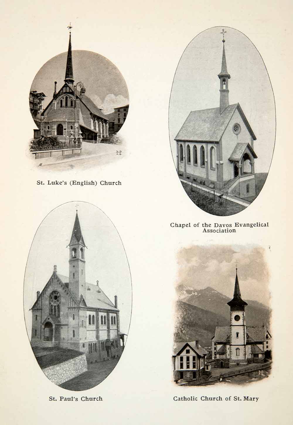 1907 Photolithograph Church Davos Switzerland Graubunden Chapel XGQB6