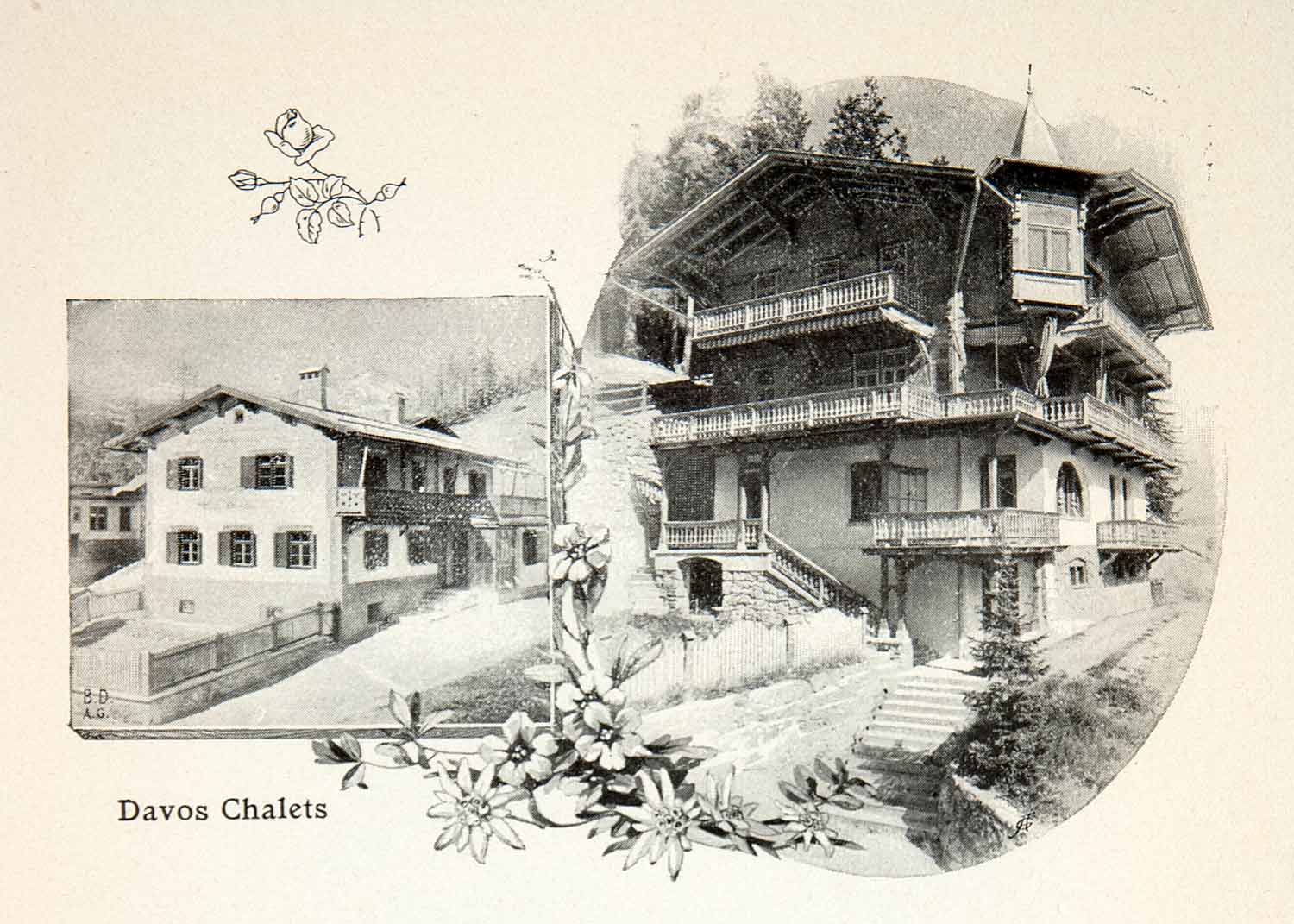 1907 Print Chalet Davos Switzerland Graubunden Alps Mountains Swiss Houses XGQB6
