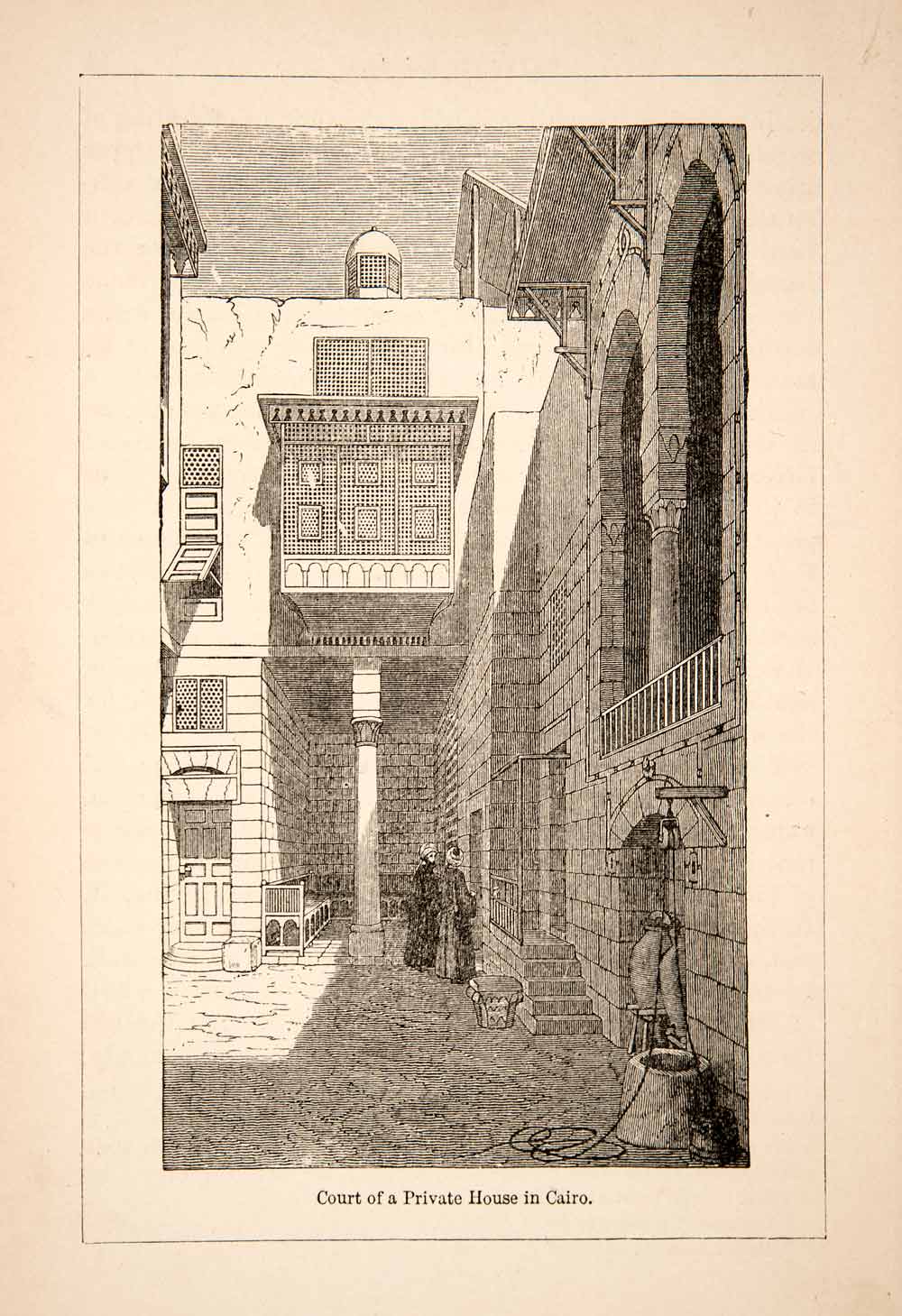 1871 Wood Engraving Architecture Cairo Egypt Arab Court Private House Hosh XGQB7