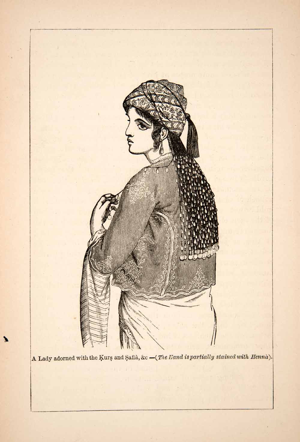 1871 Wood Engraving Costume Headdress Ornament Saltah Jacket Crown Woman XGQB7