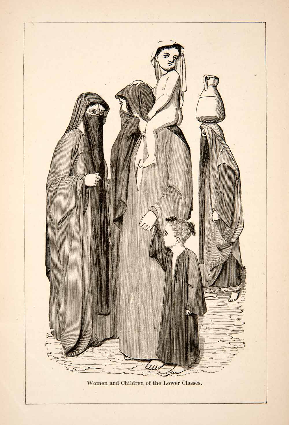 1871 Wood Engraving Traditional Costume Egypt Niqab Veil Shawl Egyptian XGQB7