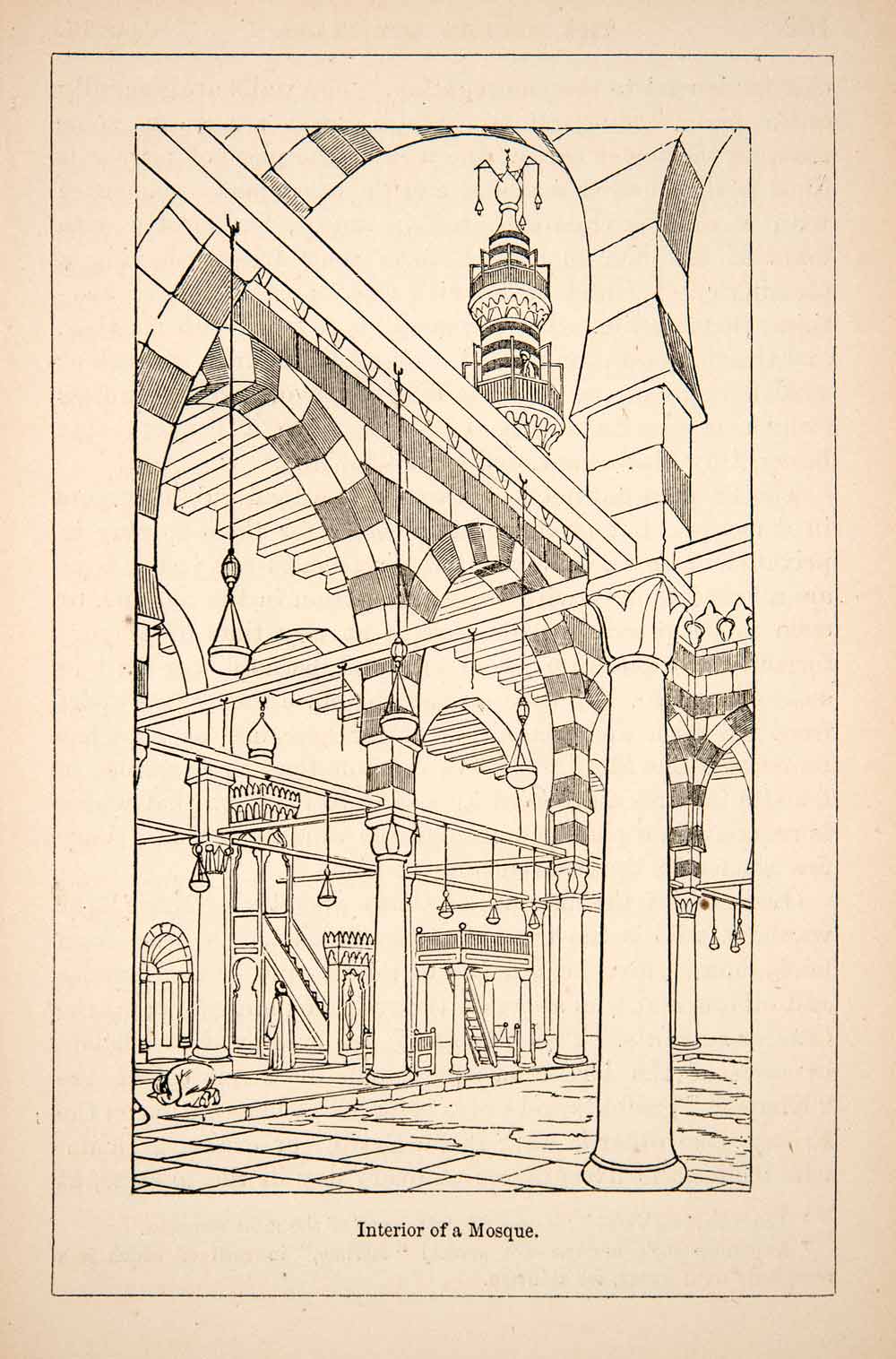1871 Wood Engraving Mosque Cairo Interior Worship Building Religion Islam XGQB7