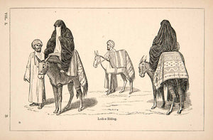 1871 Wood Engraving Egyptian Women Riding Mule Seggadeh Saddle Accessory XGQB7