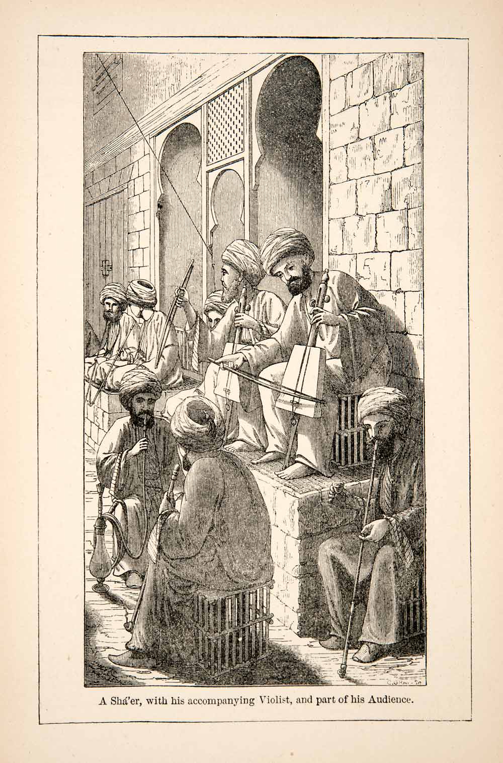 1871 Wood Engraving Musicians Viola Poet Shaer Aboo Zeydees Musical XGQB7