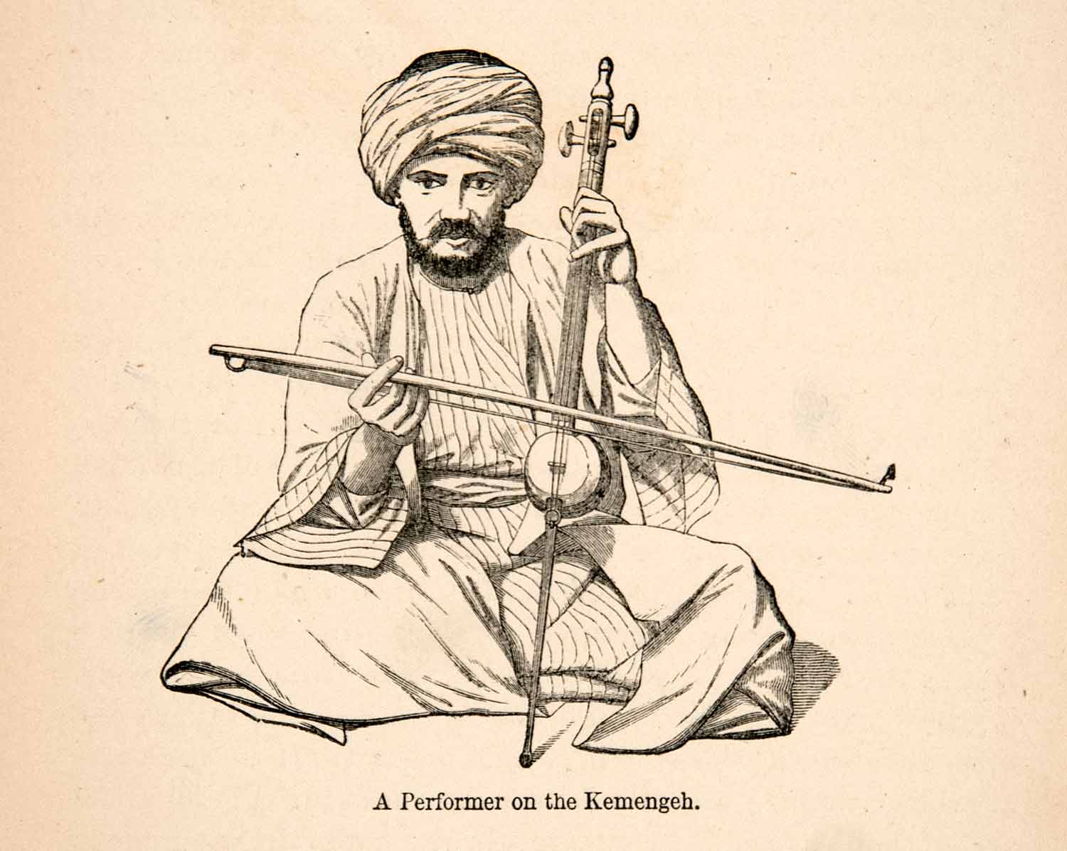 1871 Wood Engraving Egyptian Musician Kemenche String Bowed Viol XGQB7