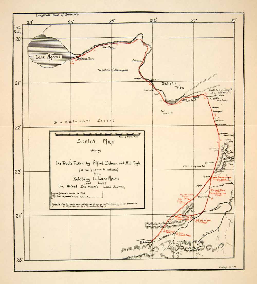 1924 Lithograph Sketch Map Kolobeng Lake Ngami Bamangwato Bakalahari XGQB8