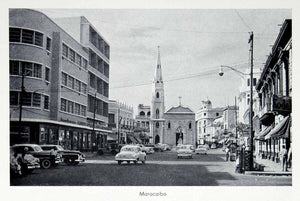 1956 Print Cityscape Maracaibo Venezuela Church Street Scene Automobile XGQC4