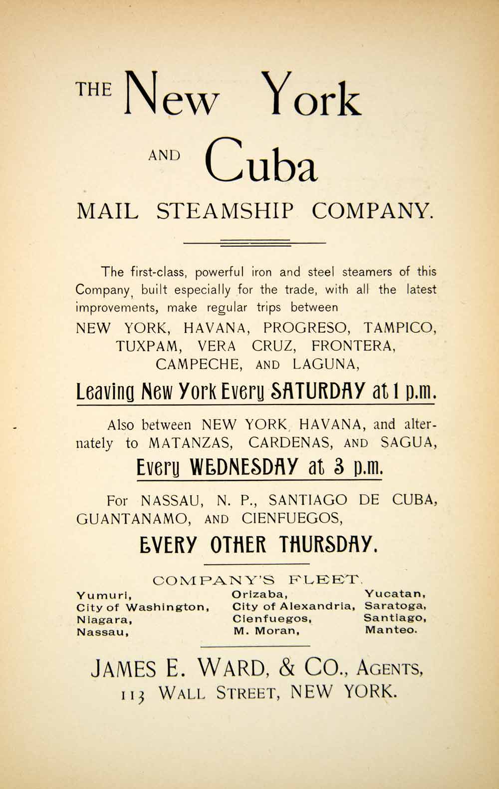 1907 Ad New York Cuba Mail Steamship Guantanamo Havana Wall Street Laguna XGQC8
