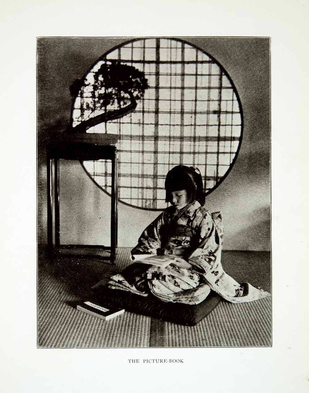 1922 Print Japanese Girl Picture Book Bansai Tree Kimono Mimi Kakushi XGQC9 - Period Paper

