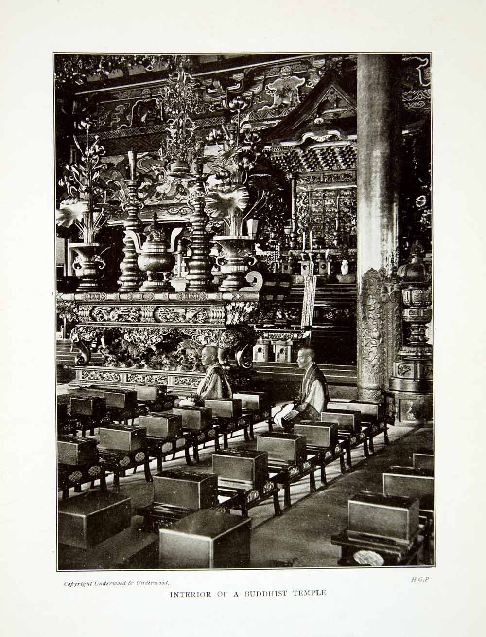 1922 Print Buddhist Jigo Temple Altar Shrine Buddha Statues Monk Butsuden XGQC9