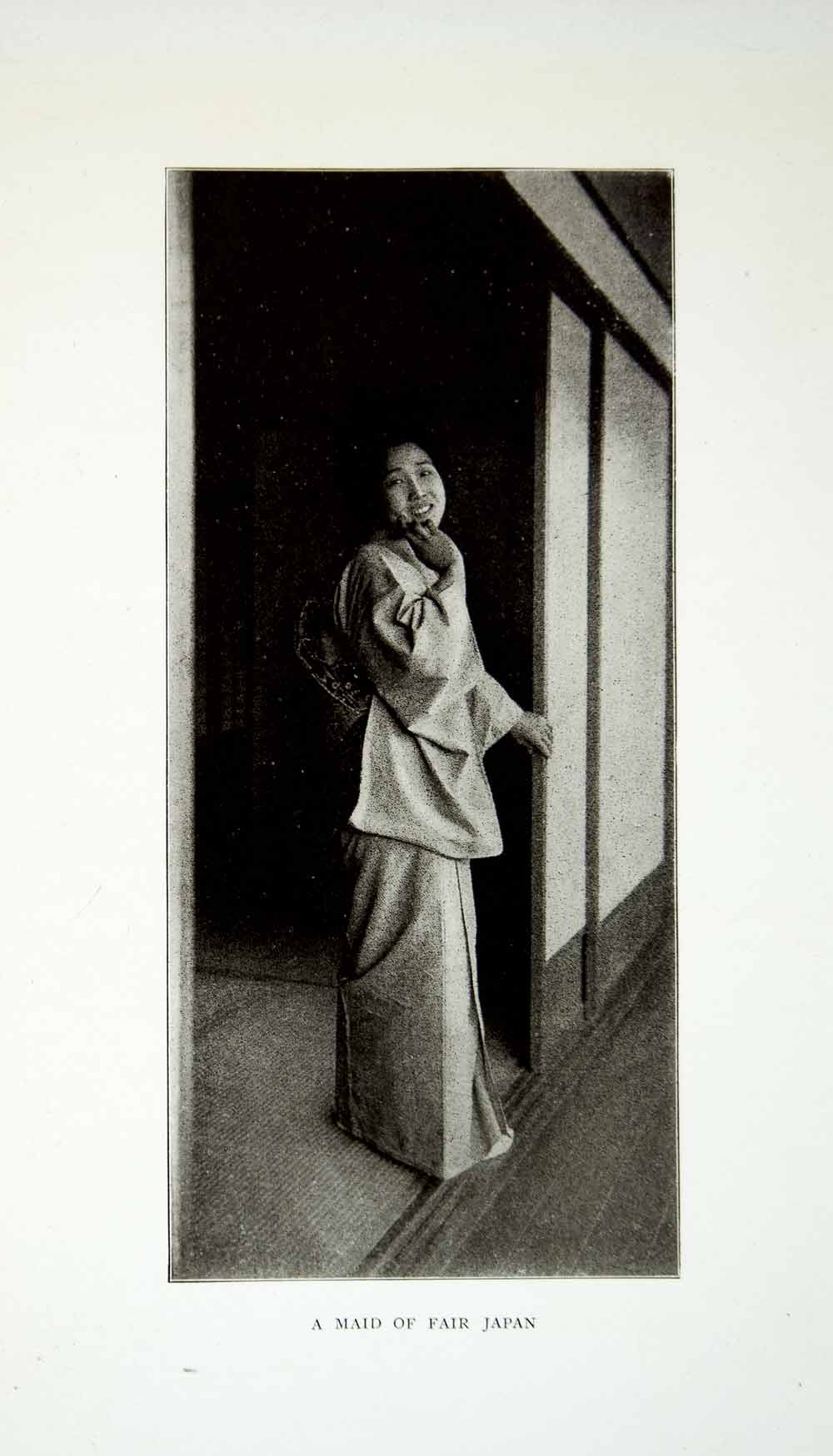 1922 Print Maid Of Fair Japan Onna Woman Kimono Yukata Shoji Sliding Door XGQC9