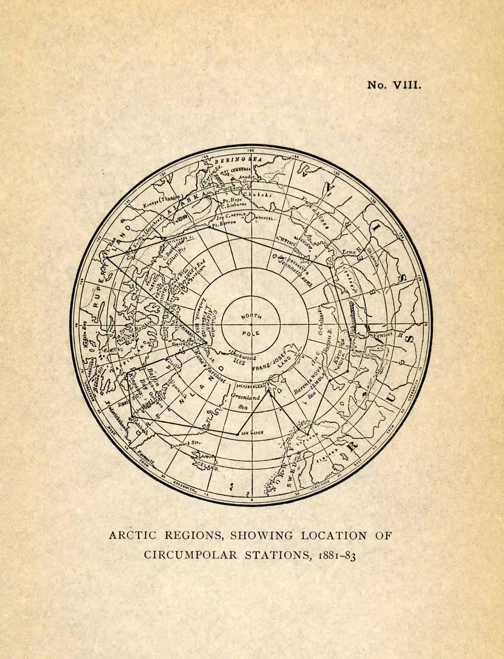 1906 Lithograph Arctic Circumpolar Stations Antique 1881-1883 Map XGR5