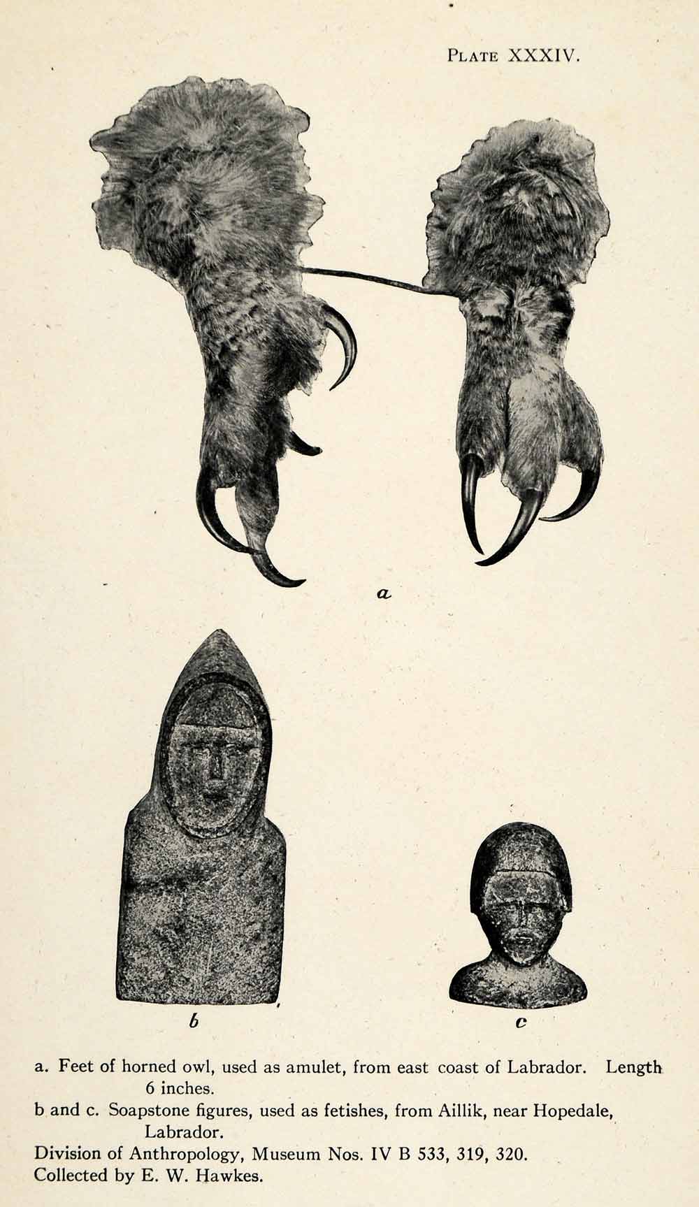 1916 Halftone Print Inuit Fetish Owl Feet Amulet Soapstone Figure Labrador XGR6
