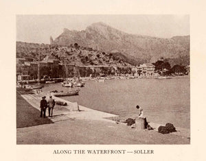 1929 Halftone Print Waterfront Lake Bay Mountain Soller Spain Landscape XGRA2