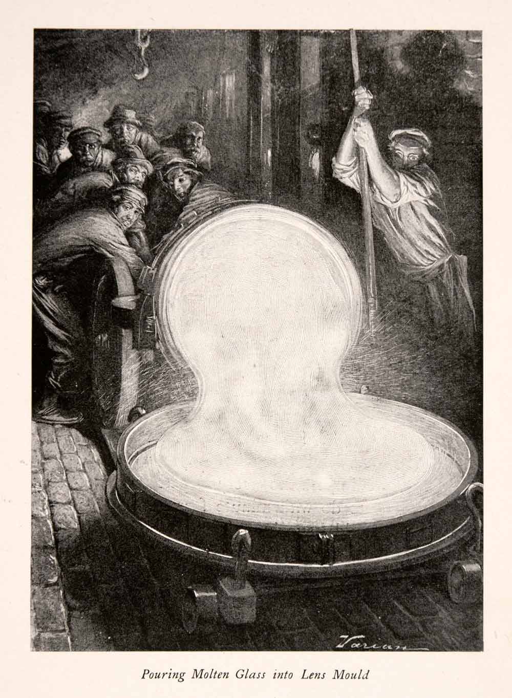 1902 Halftone Print German Pouring Molten Glass Lens Mold Workers Lava XGRA5