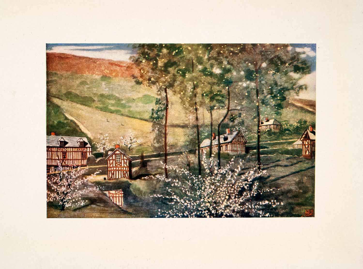1905 Color Print Cherry Blossom Trees Cottages Landscape Scenery Nico XGRA7