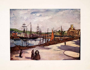 1905 Color Print Harbor Fecamp Sailboat Seaport Landscape Street Nico XGRA7