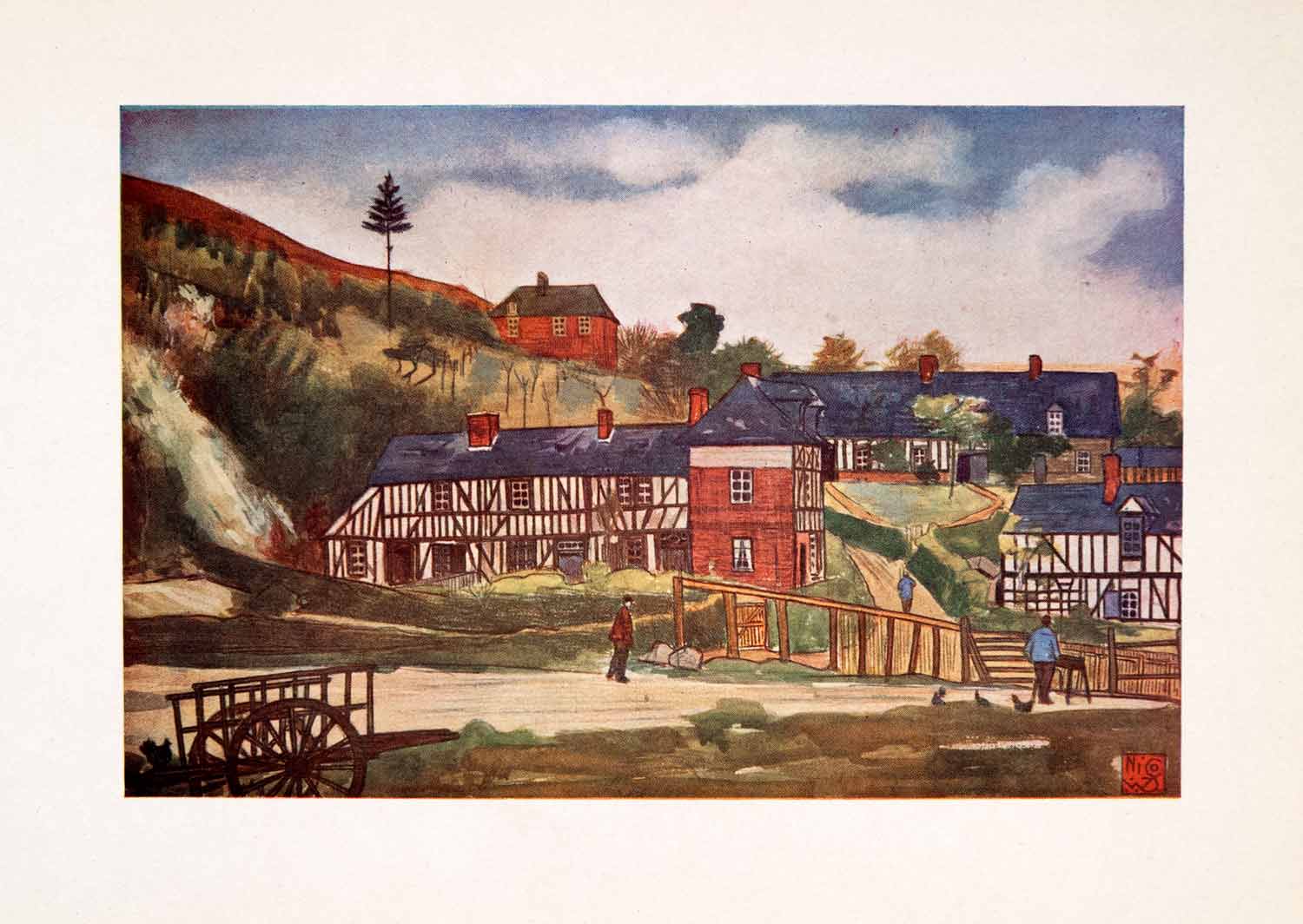 1905 Color Print Near Pont-Audemer Cottages Town Village Landscape Nico XGRA7