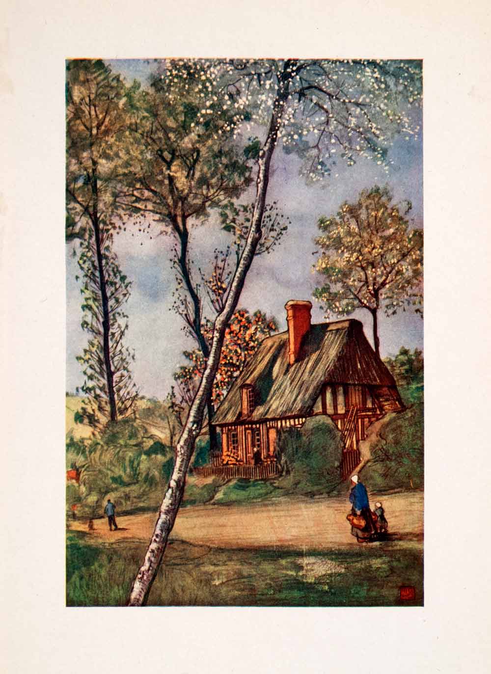 1905 Color Print Rural Scene Landscape Cottage Scenery Trees Woman Nico XGRA7