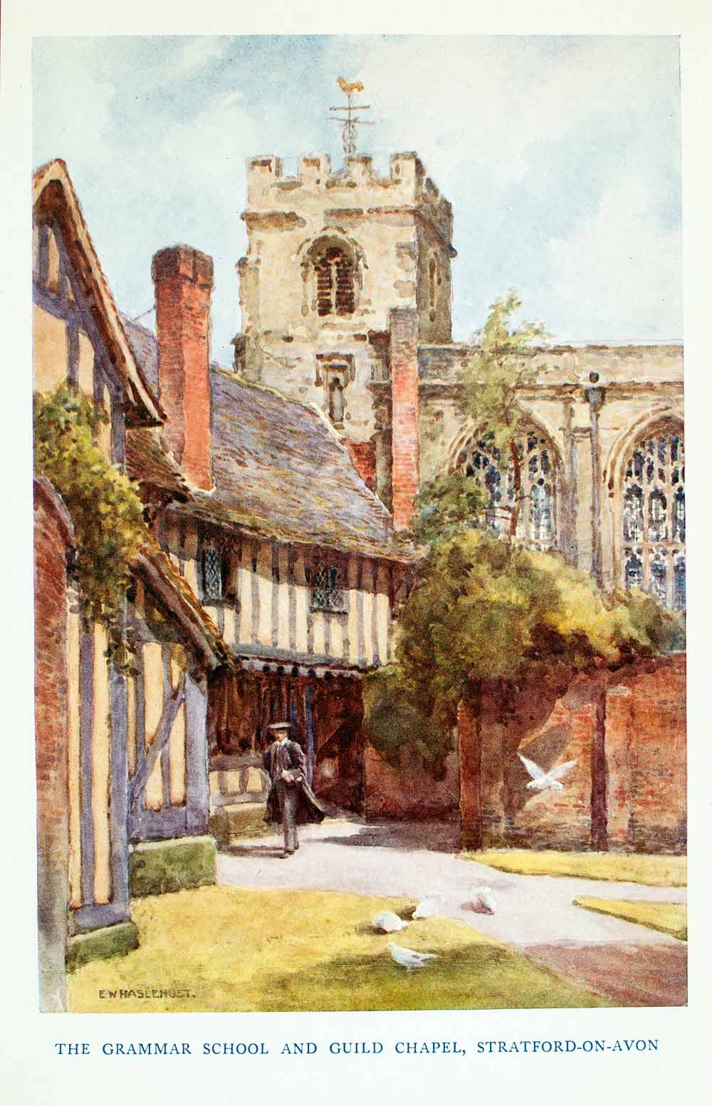 1910 Color Print School Chapel Stratford-on-Avon England Shakespeare XGRA8