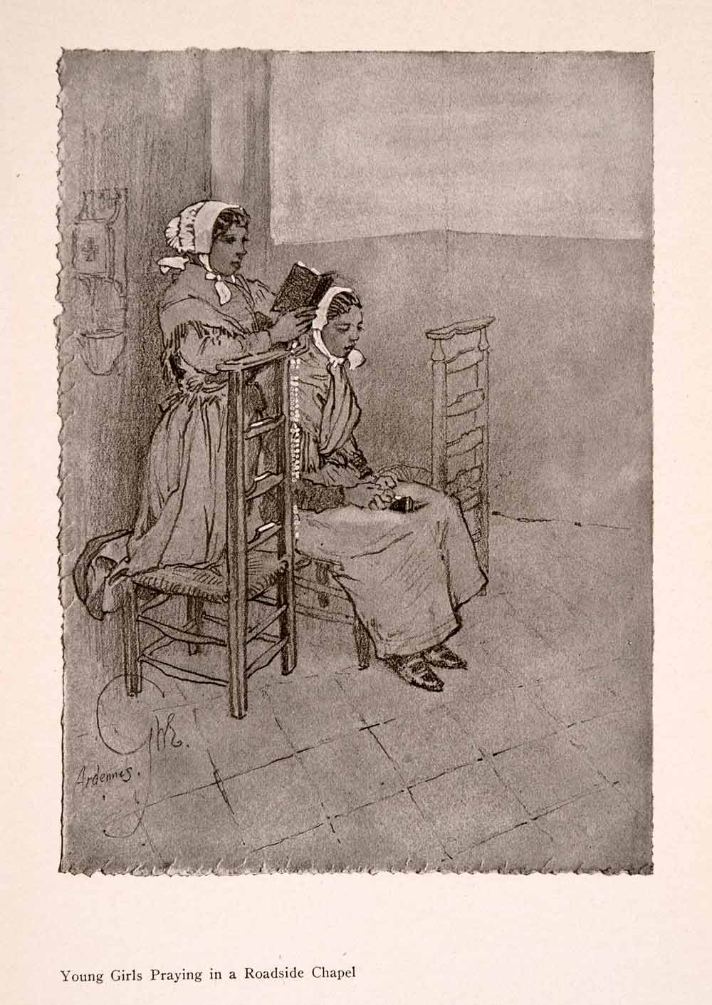 1914 Halftone Print Girls Praying Chapel Religious Christian Bonnet Rosary XGRA9