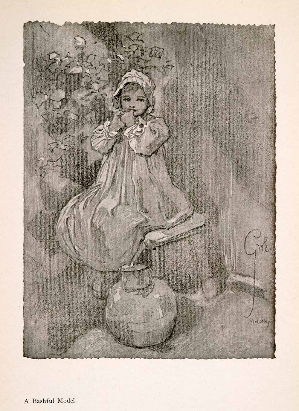1914 Halftone Print Bashful Baby Child Bonnet Portrait George Wharton XGRA9