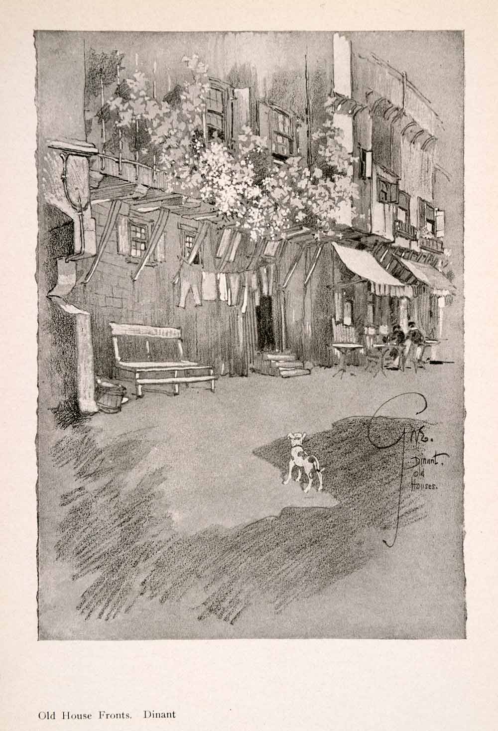 1914 Halftone Print Dinant House Fronts Dog Hanging Laundry Street Scene XGRA9