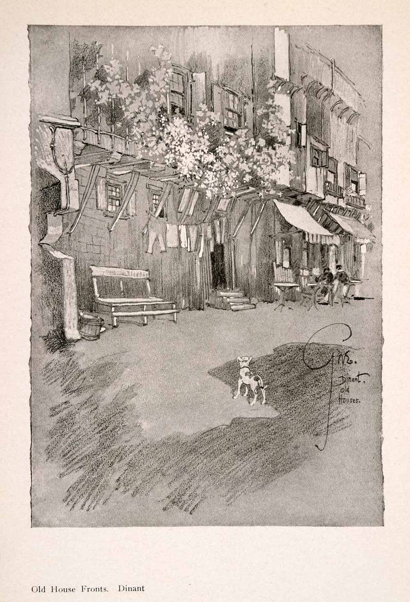 1914 Halftone Print Dinant House Fronts Dog Hanging Laundry Street Sce ...